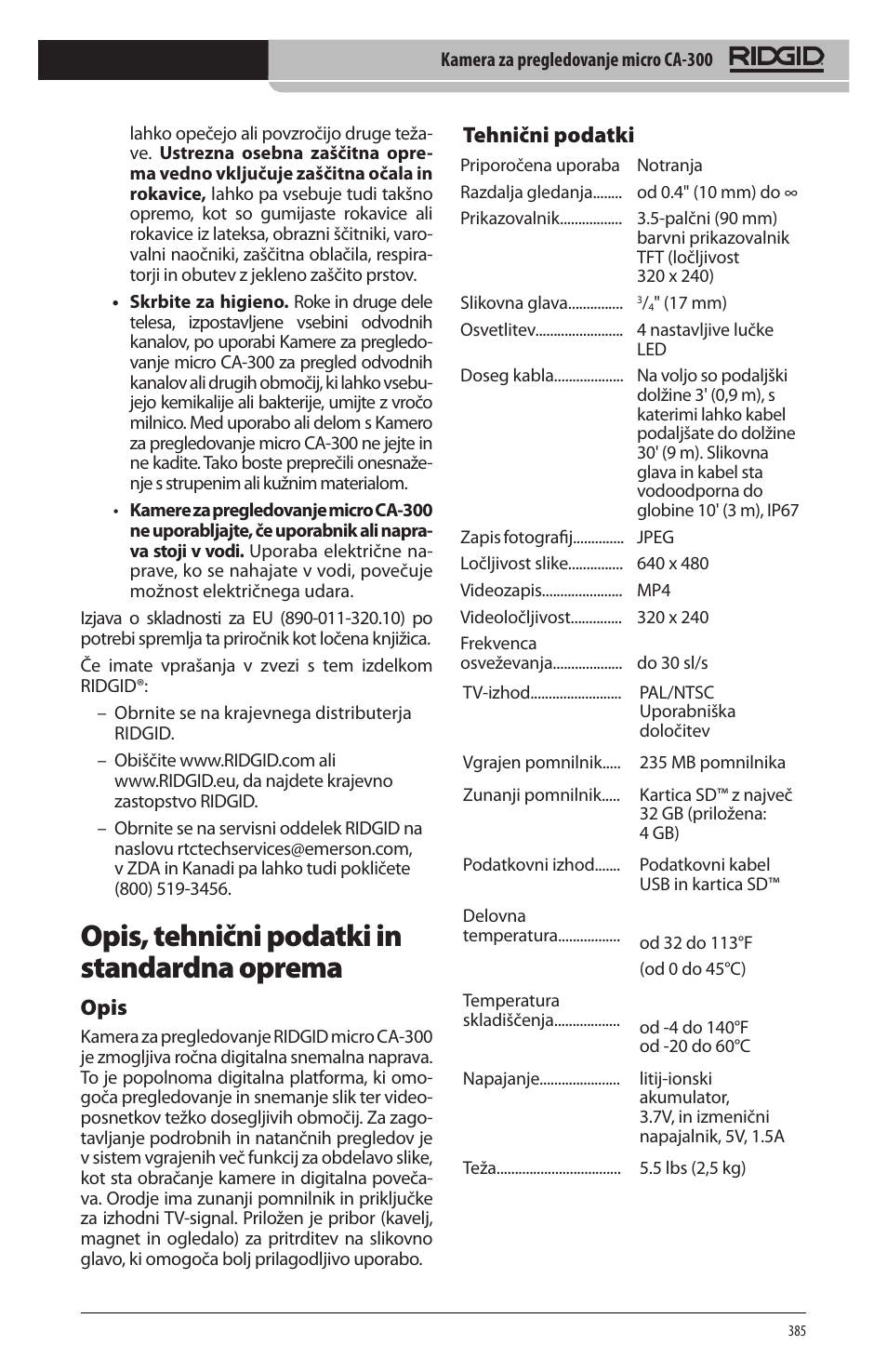 Opis, tehnični podatki in standardna oprema, Opis, Tehnični podatki | RIDGID micro CA-300 User Manual | Page 387 / 472