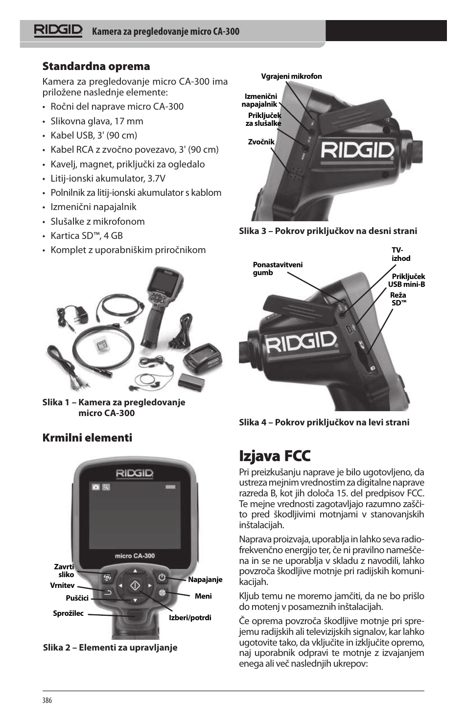 Izjava fcc, Standardna oprema, Krmilni elementi | RIDGID micro CA-300 User Manual | Page 388 / 472