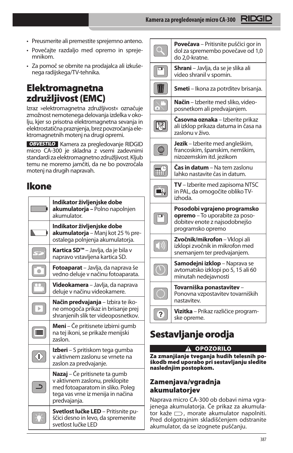 Sestavljanje orodja, Elektromagnetna združljivost (emc), Ikone | RIDGID micro CA-300 User Manual | Page 389 / 472