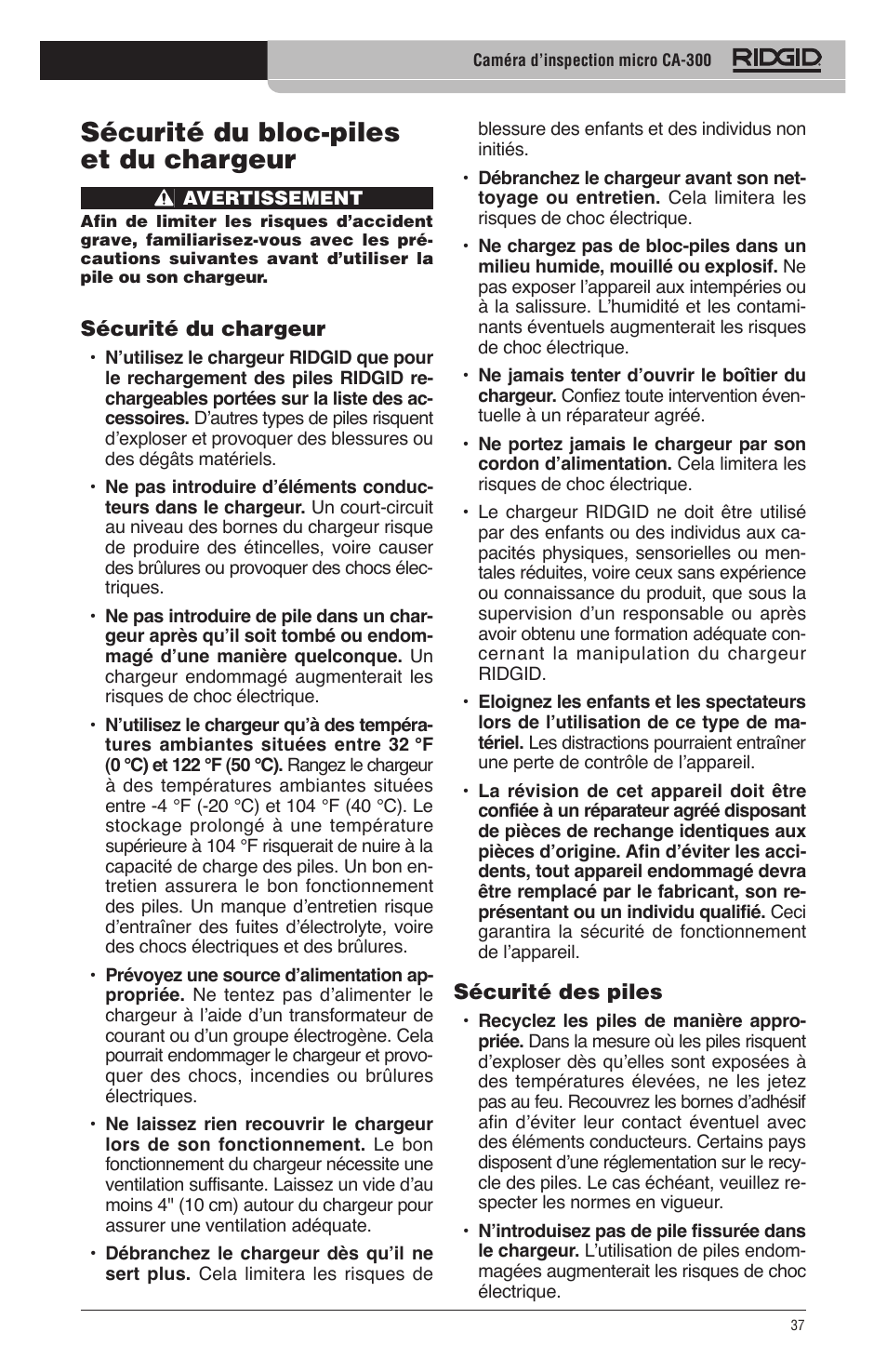 Sécurité du bloc-piles et du chargeur | RIDGID micro CA-300 User Manual | Page 39 / 472