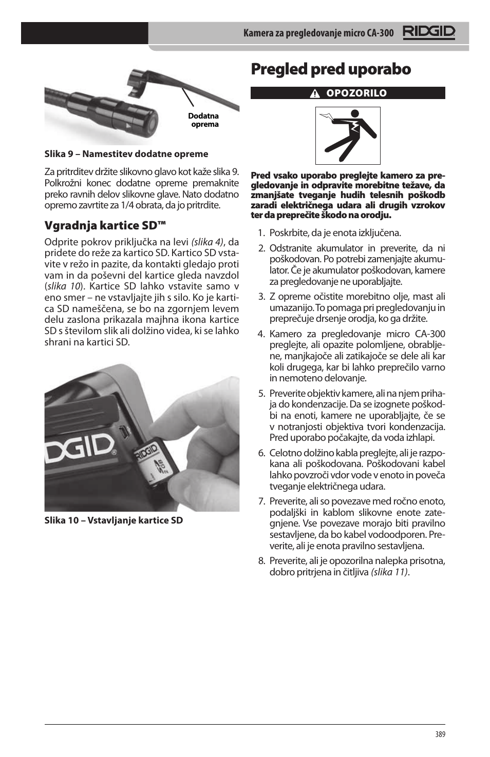 Pregled pred uporabo, Vgradnja kartice sd | RIDGID micro CA-300 User Manual | Page 391 / 472