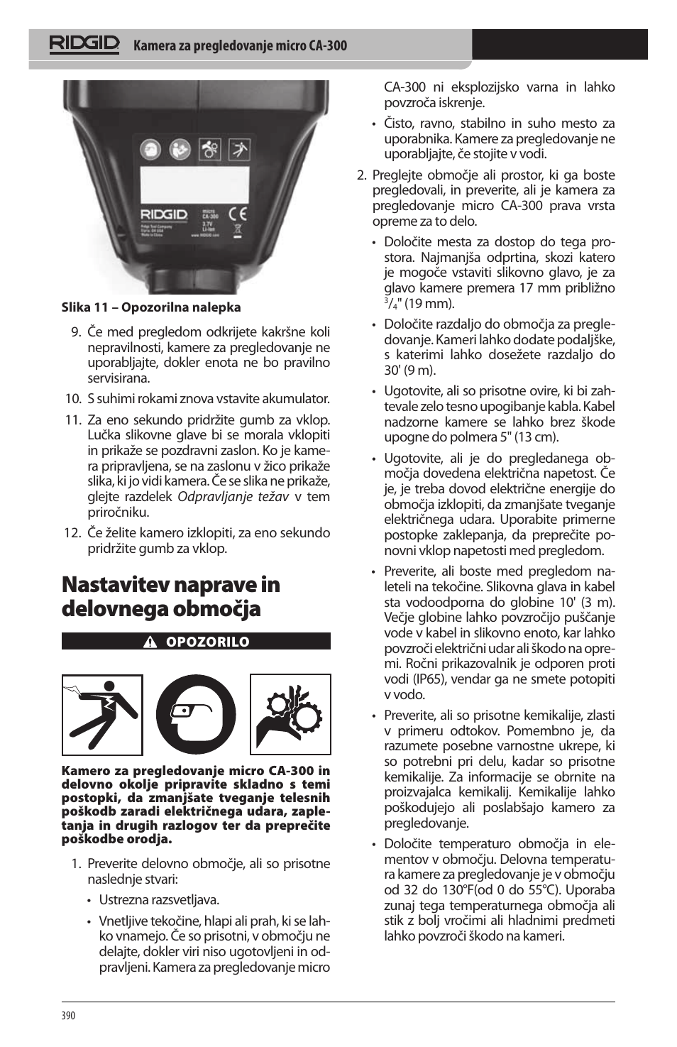 Nastavitev naprave in delovnega območja | RIDGID micro CA-300 User Manual | Page 392 / 472