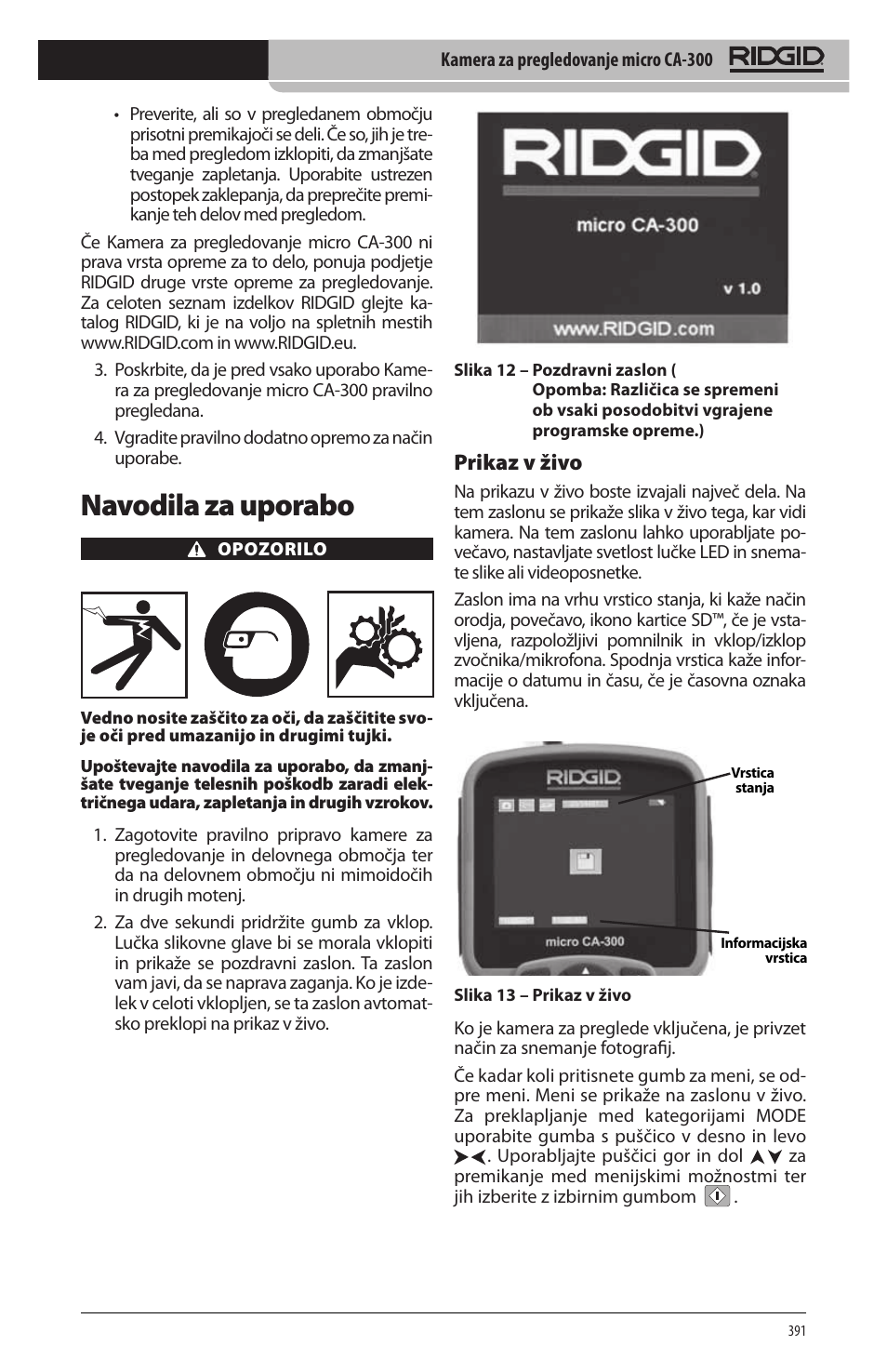 Navodila za uporabo, Prikaz v živo | RIDGID micro CA-300 User Manual | Page 393 / 472