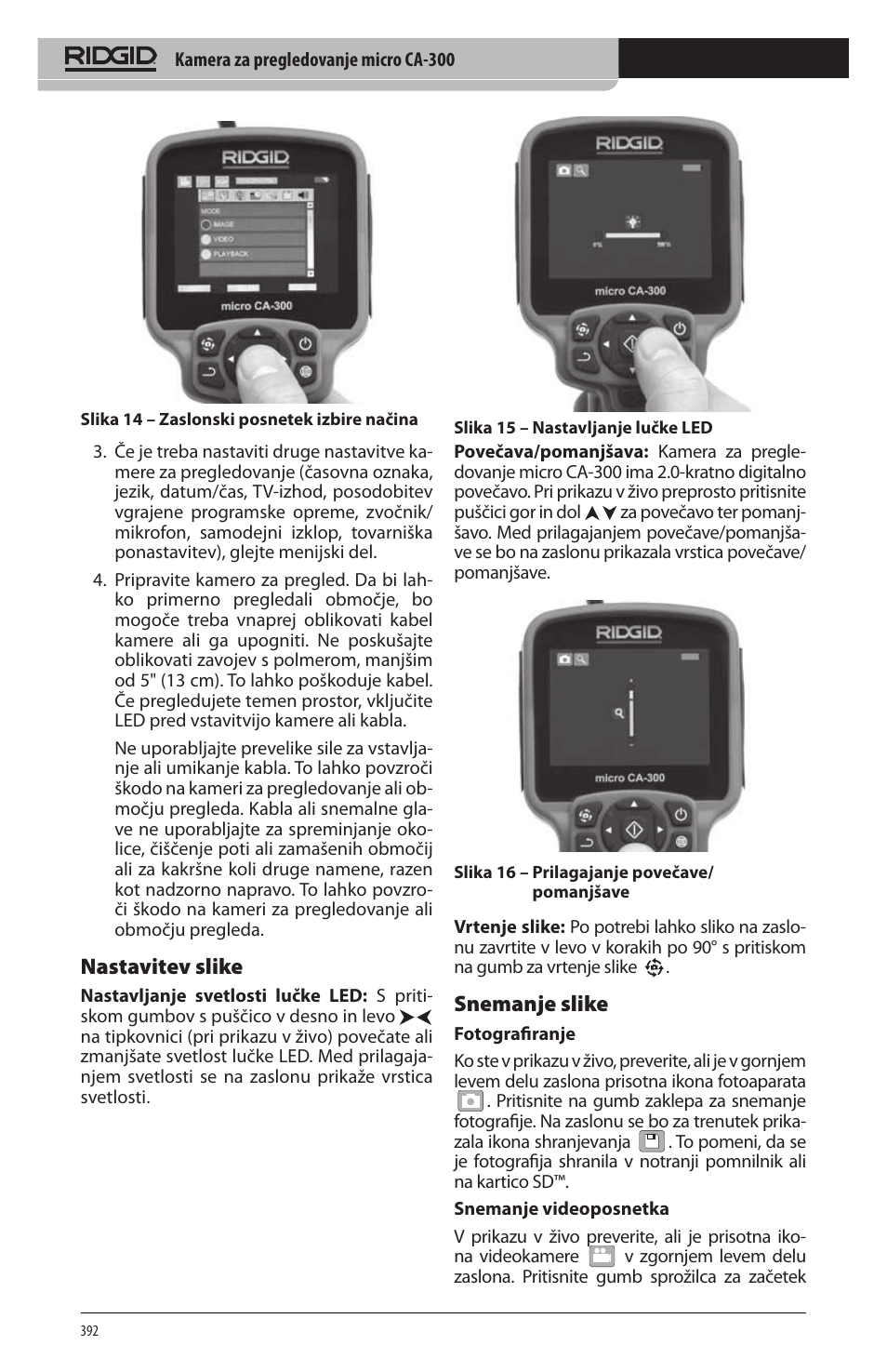 Nastavitev slike, Snemanje slike | RIDGID micro CA-300 User Manual | Page 394 / 472