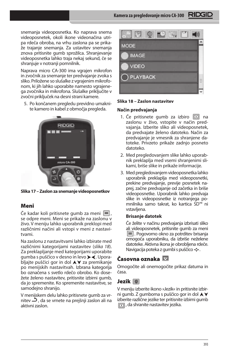 Meni, Časovna oznaka, Jezik | RIDGID micro CA-300 User Manual | Page 395 / 472