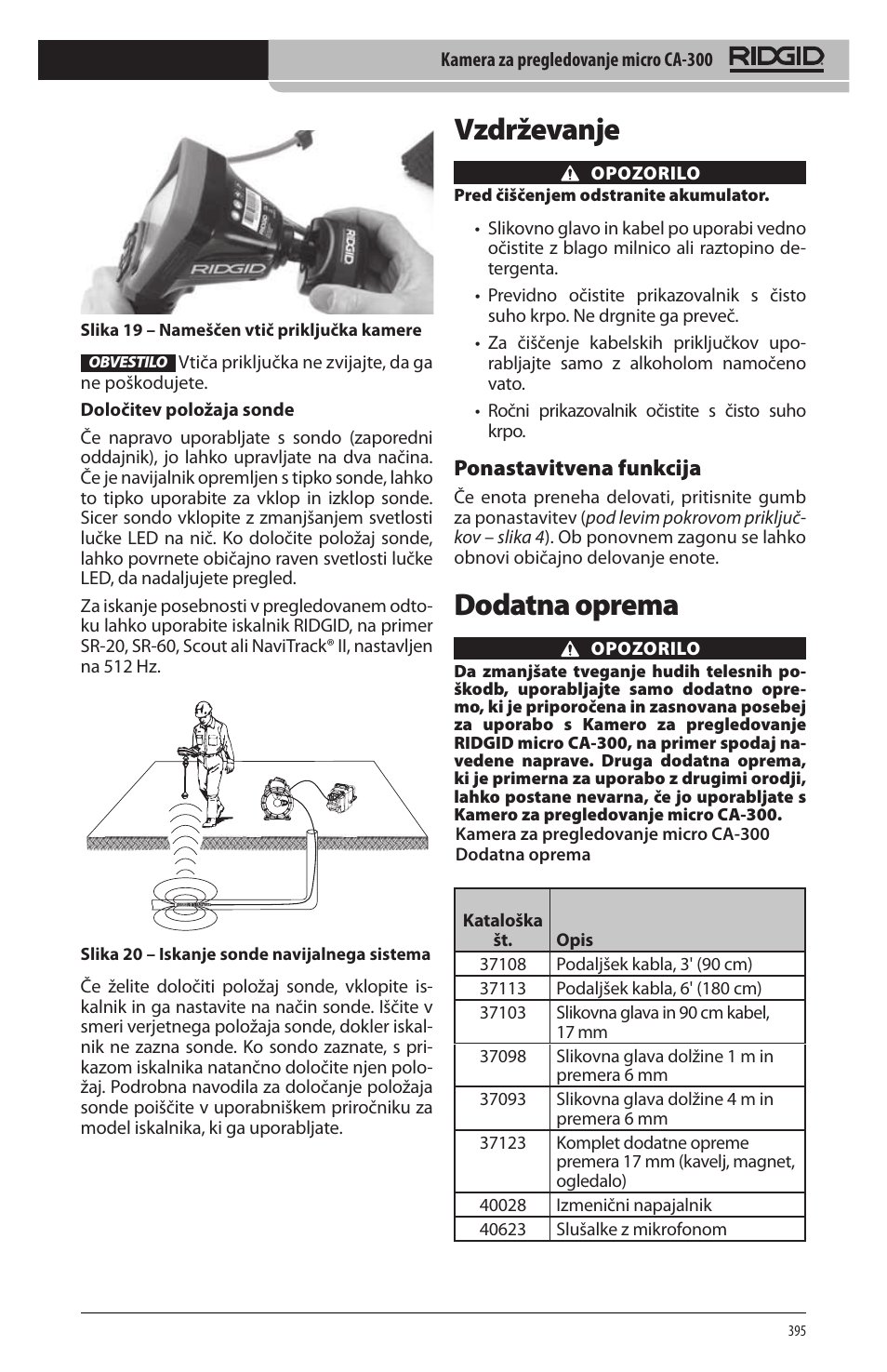 Vzdrževanje, Dodatna oprema, Ponastavitvena funkcija | RIDGID micro CA-300 User Manual | Page 397 / 472