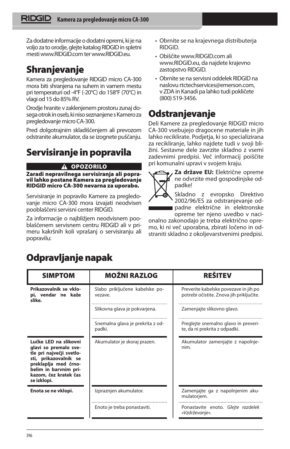 Shranjevanje, Servisiranje in popravila, Odstranjevanje | Odpravljanje napak, Simptom možni razlog rešitev | RIDGID micro CA-300 User Manual | Page 398 / 472