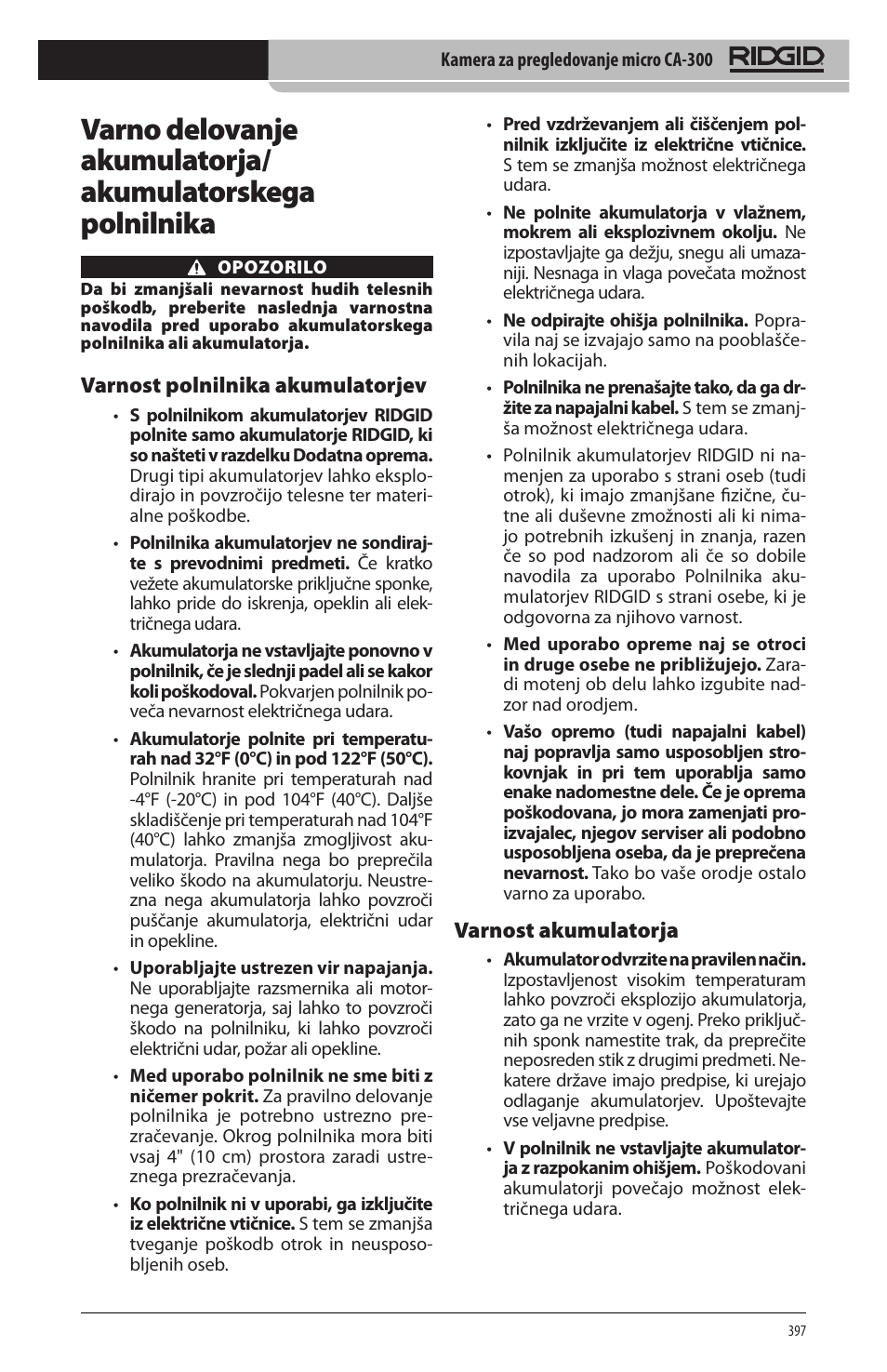 Varnost polnilnika akumulatorjev, Varnost akumulatorja | RIDGID micro CA-300 User Manual | Page 399 / 472