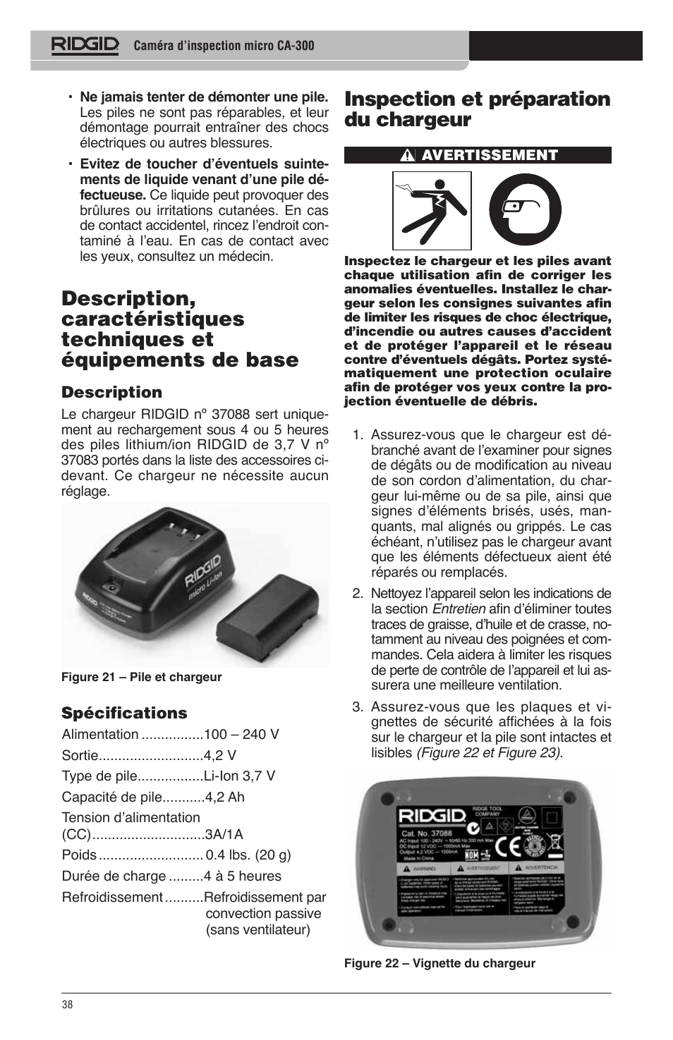 Inspection et préparation du chargeur | RIDGID micro CA-300 User Manual | Page 40 / 472