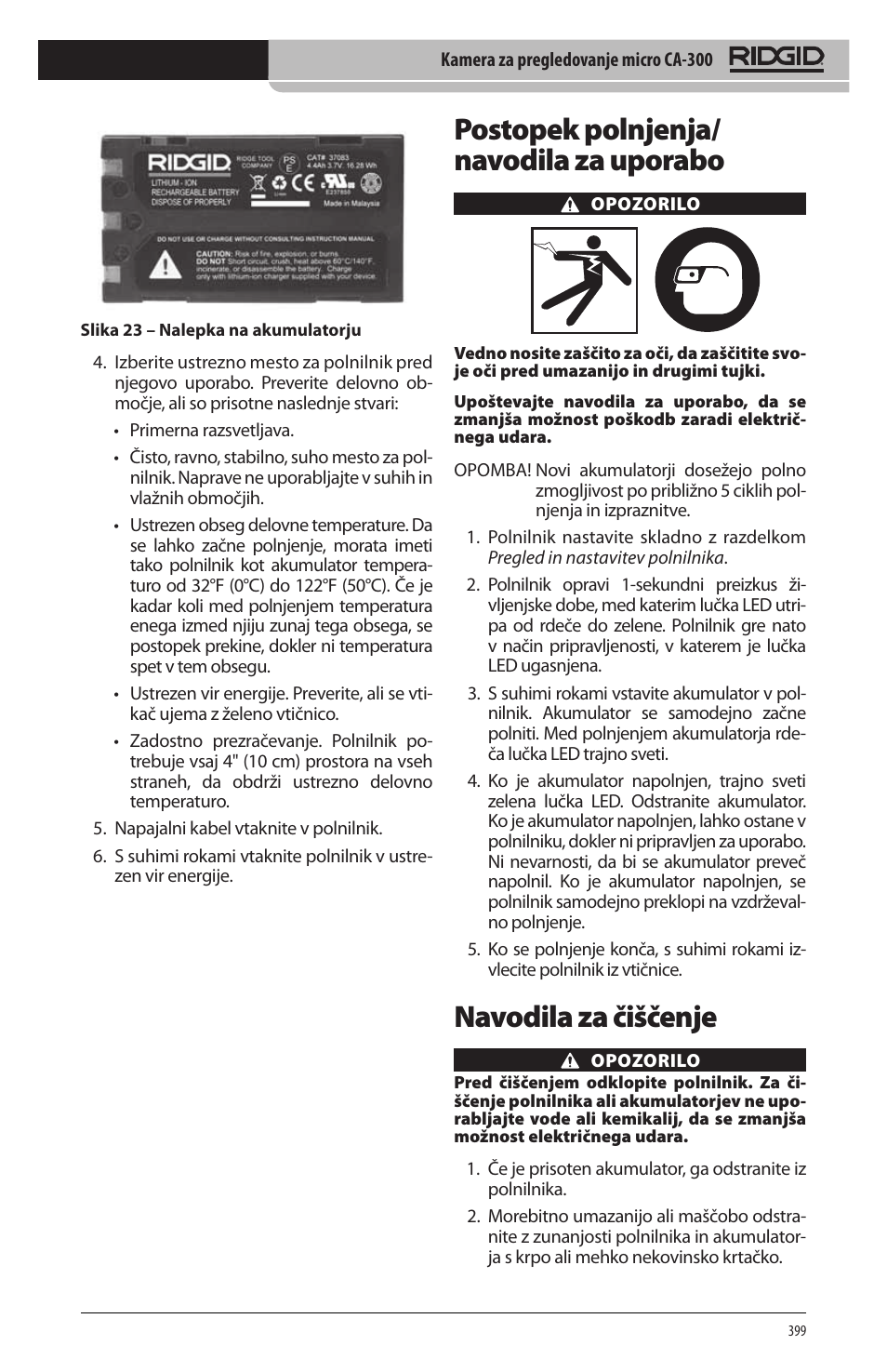 Postopek polnjenja/ navodila za uporabo, Navodila za čiščenje | RIDGID micro CA-300 User Manual | Page 401 / 472