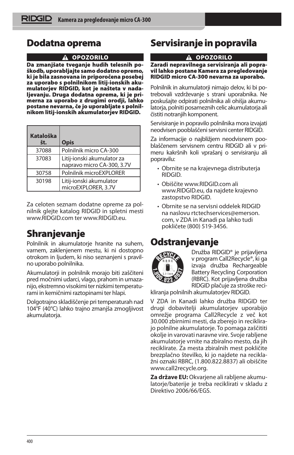 Dodatna oprema, Shranjevanje, Servisiranje in popravila | Odstranjevanje | RIDGID micro CA-300 User Manual | Page 402 / 472