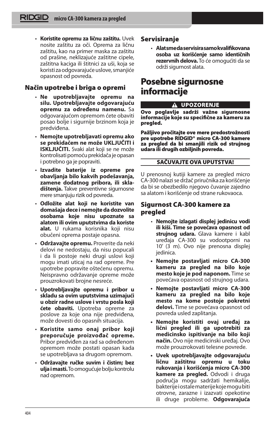 Posebne sigurnosne informacije, Način upotrebe i briga o opremi, Servisiranje | Sigurnost ca‑300 kamere za pregled | RIDGID micro CA-300 User Manual | Page 406 / 472