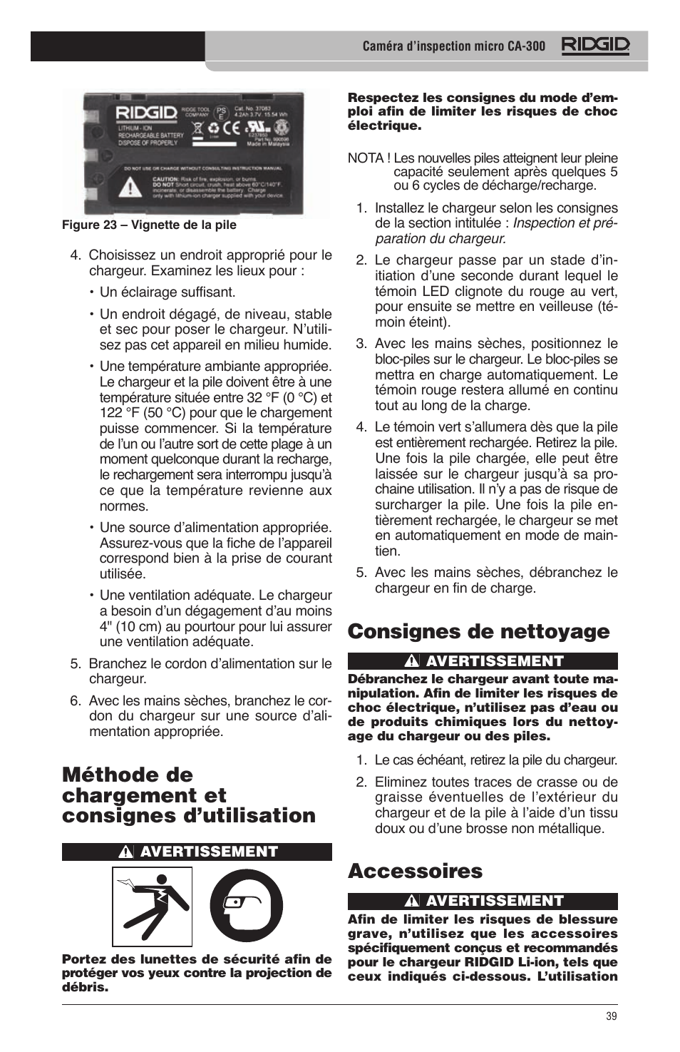 Méthode de chargement et consignes d’utilisation, Consignes de nettoyage, Accessoires | RIDGID micro CA-300 User Manual | Page 41 / 472