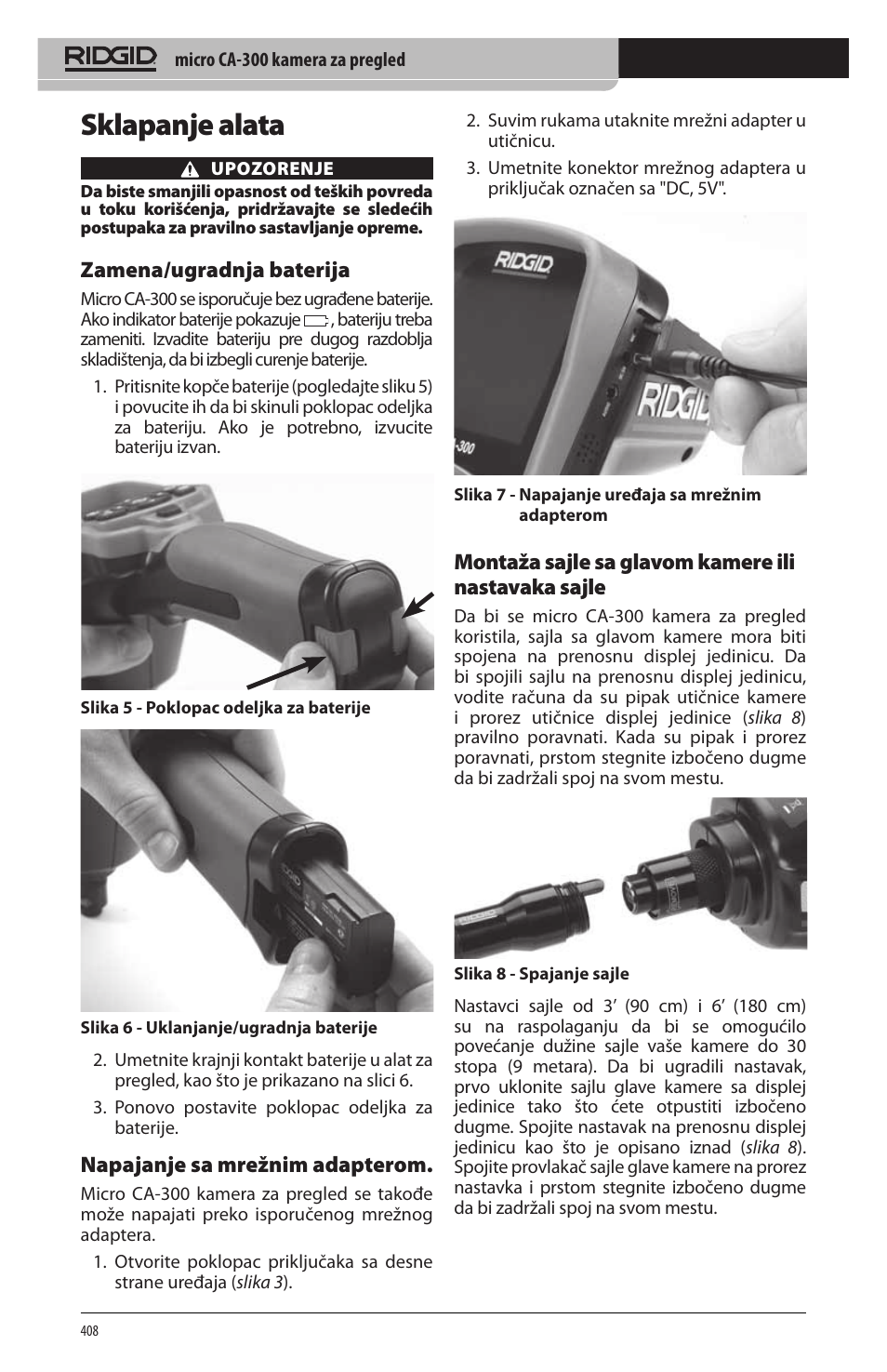 Sklapanje alata, Zamena/ugradnja baterija, Napajanje sa mrežnim adapterom | Montaža sajle sa glavom kamere ili nastavaka sajle | RIDGID micro CA-300 User Manual | Page 410 / 472