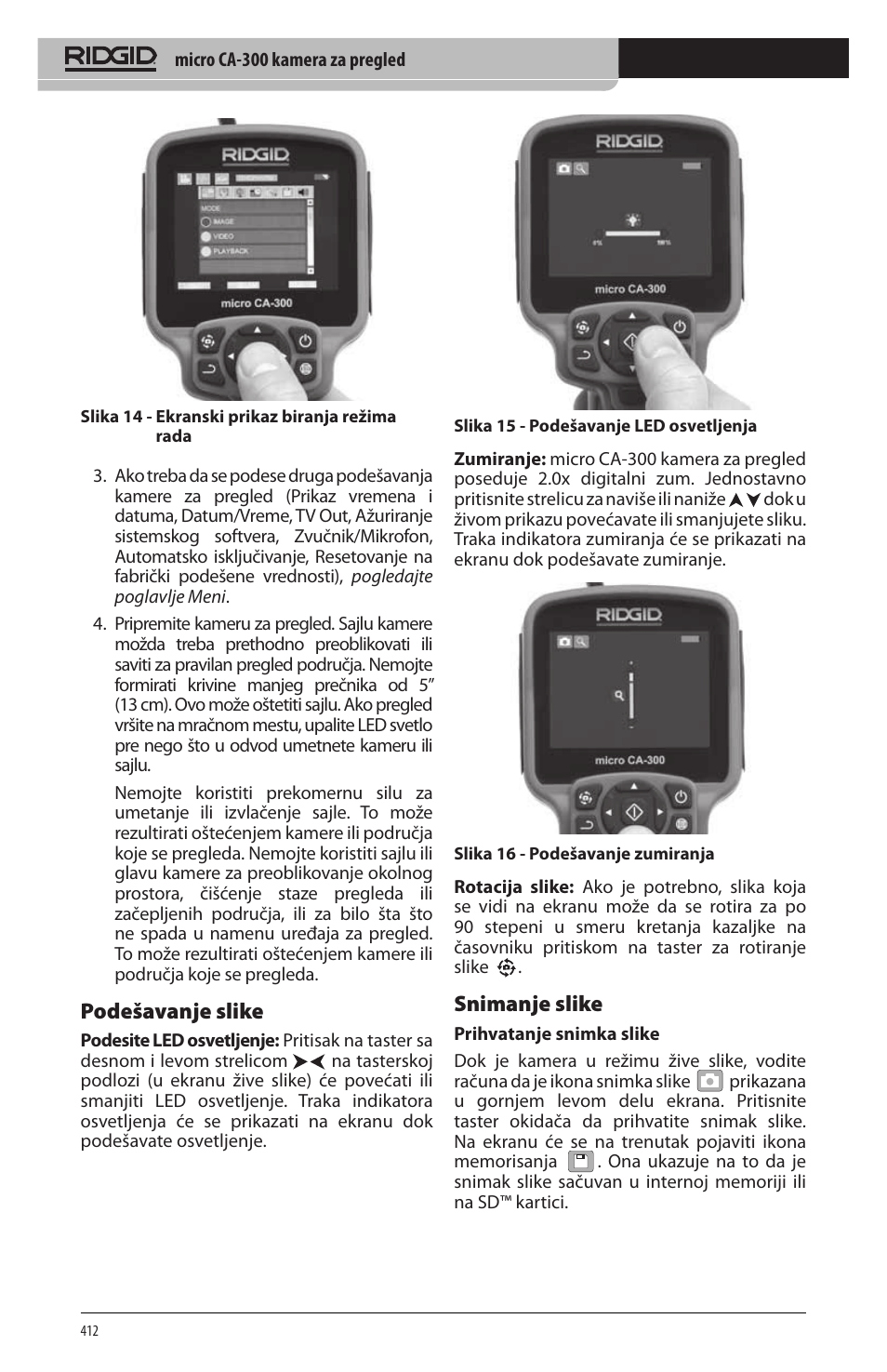 Podešavanje slike, Snimanje slike | RIDGID micro CA-300 User Manual | Page 414 / 472