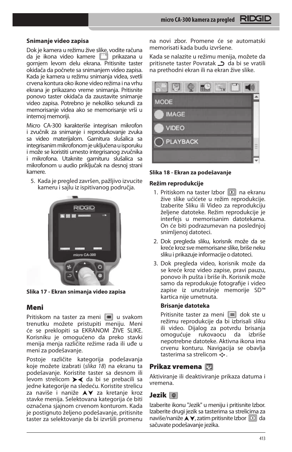 Meni, Prikaz vremena, Jezik | RIDGID micro CA-300 User Manual | Page 415 / 472