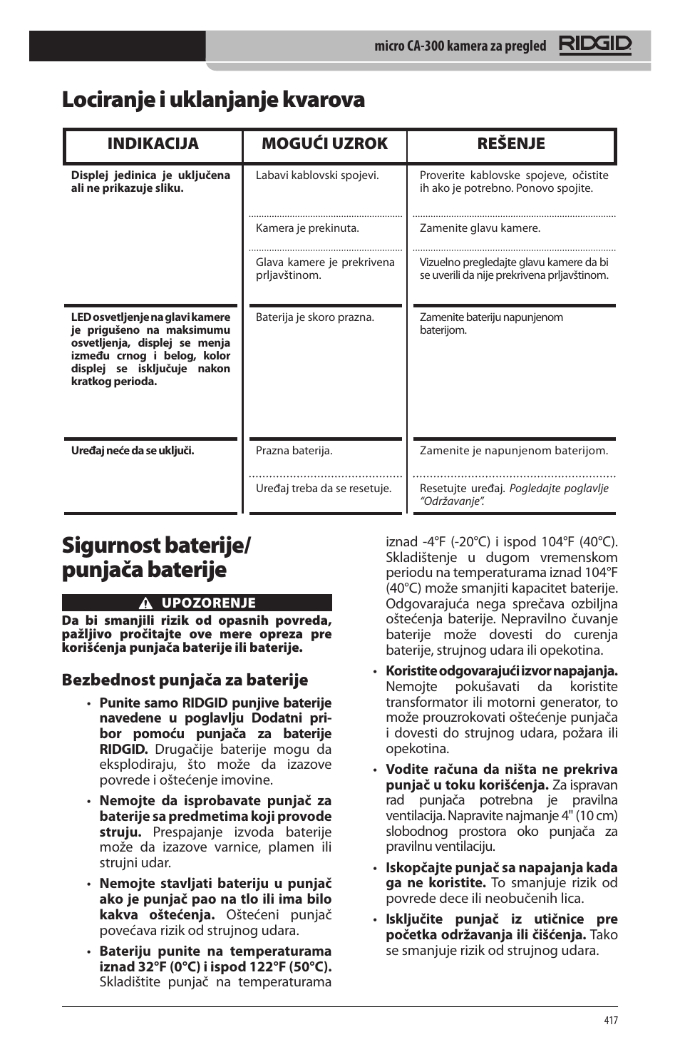 Sigurnost baterije/ punjača baterije, Lociranje i uklanjanje kvarova, Bezbednost punjača za baterije | Indikacija mogući uzrok rešenje | RIDGID micro CA-300 User Manual | Page 419 / 472