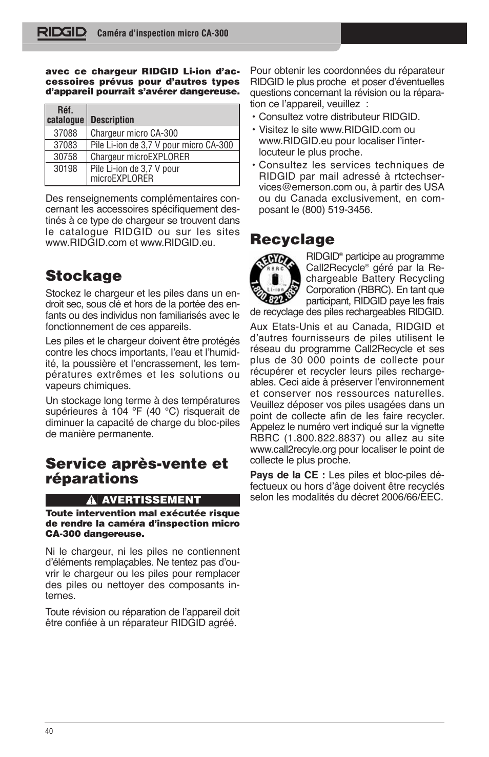 Stockage, Service après-vente et réparations, Recyclage | RIDGID micro CA-300 User Manual | Page 42 / 472