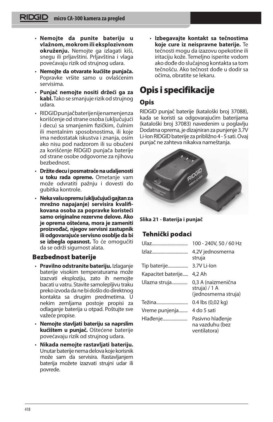 Opis i specifikacije, Bezbednost baterije, Opis | Tehnički podaci | RIDGID micro CA-300 User Manual | Page 420 / 472