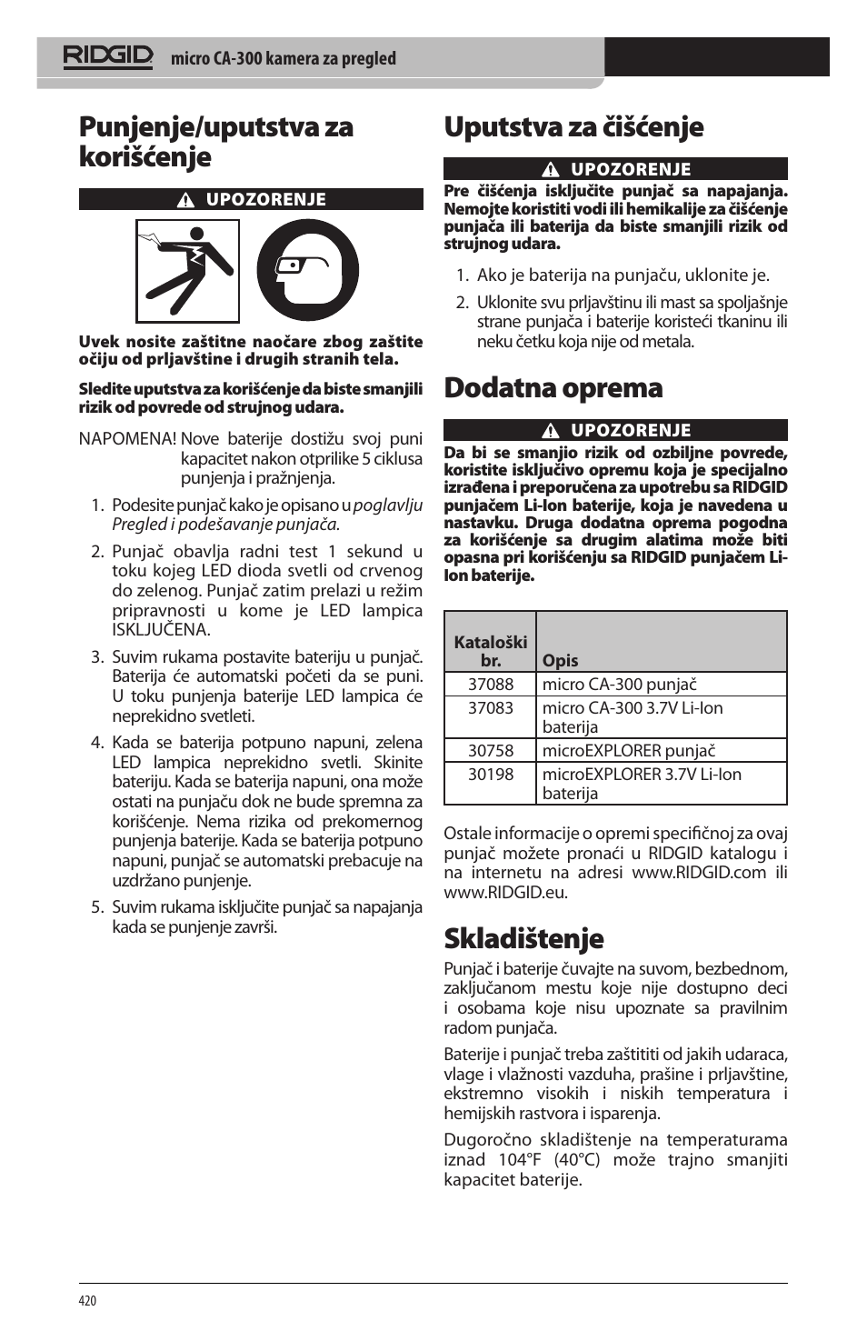 Punjenje/uputstva za korišćenje, Uputstva za čišćenje, Dodatna oprema | Skladištenje | RIDGID micro CA-300 User Manual | Page 422 / 472