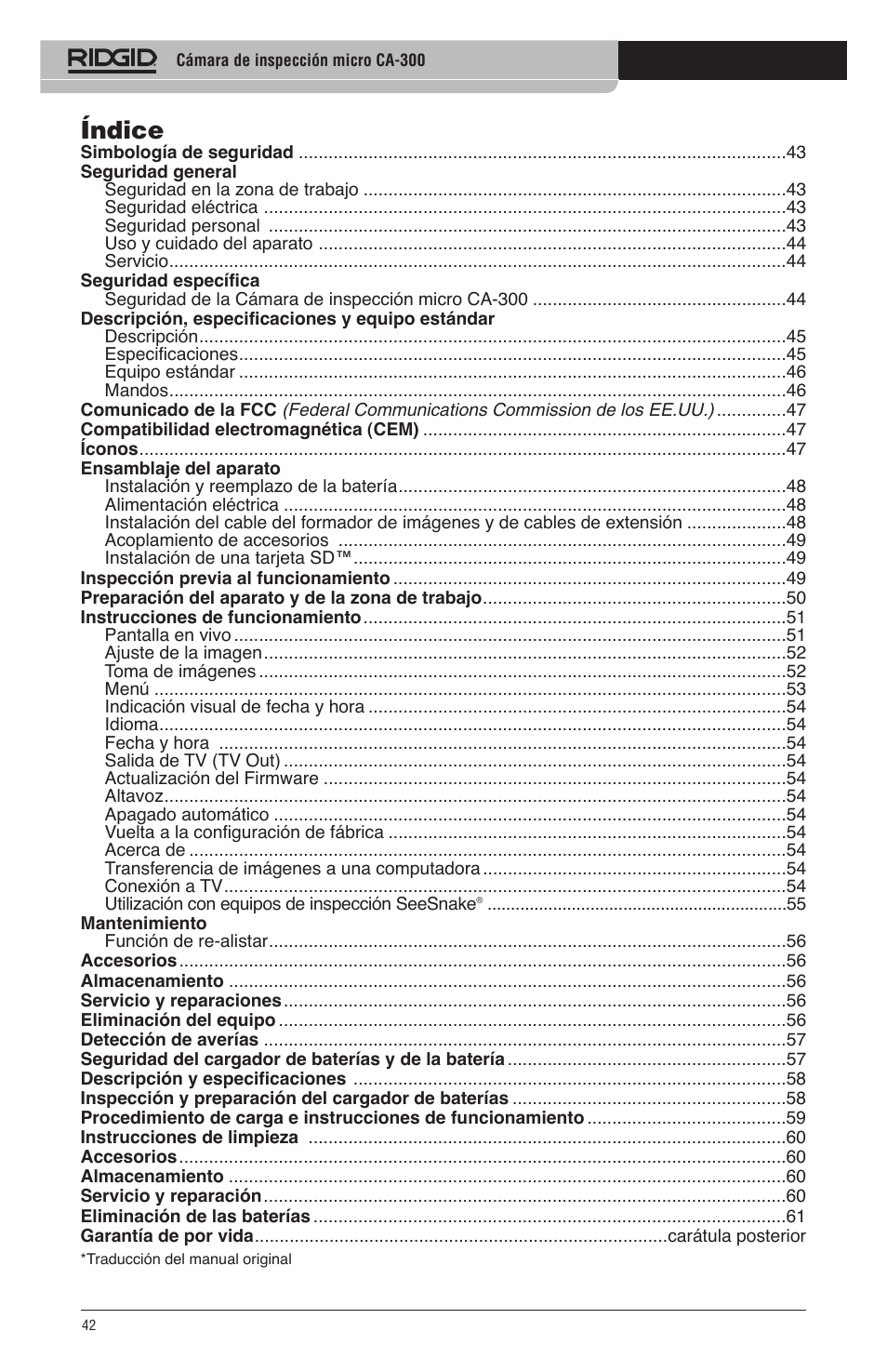 Índice | RIDGID micro CA-300 User Manual | Page 44 / 472