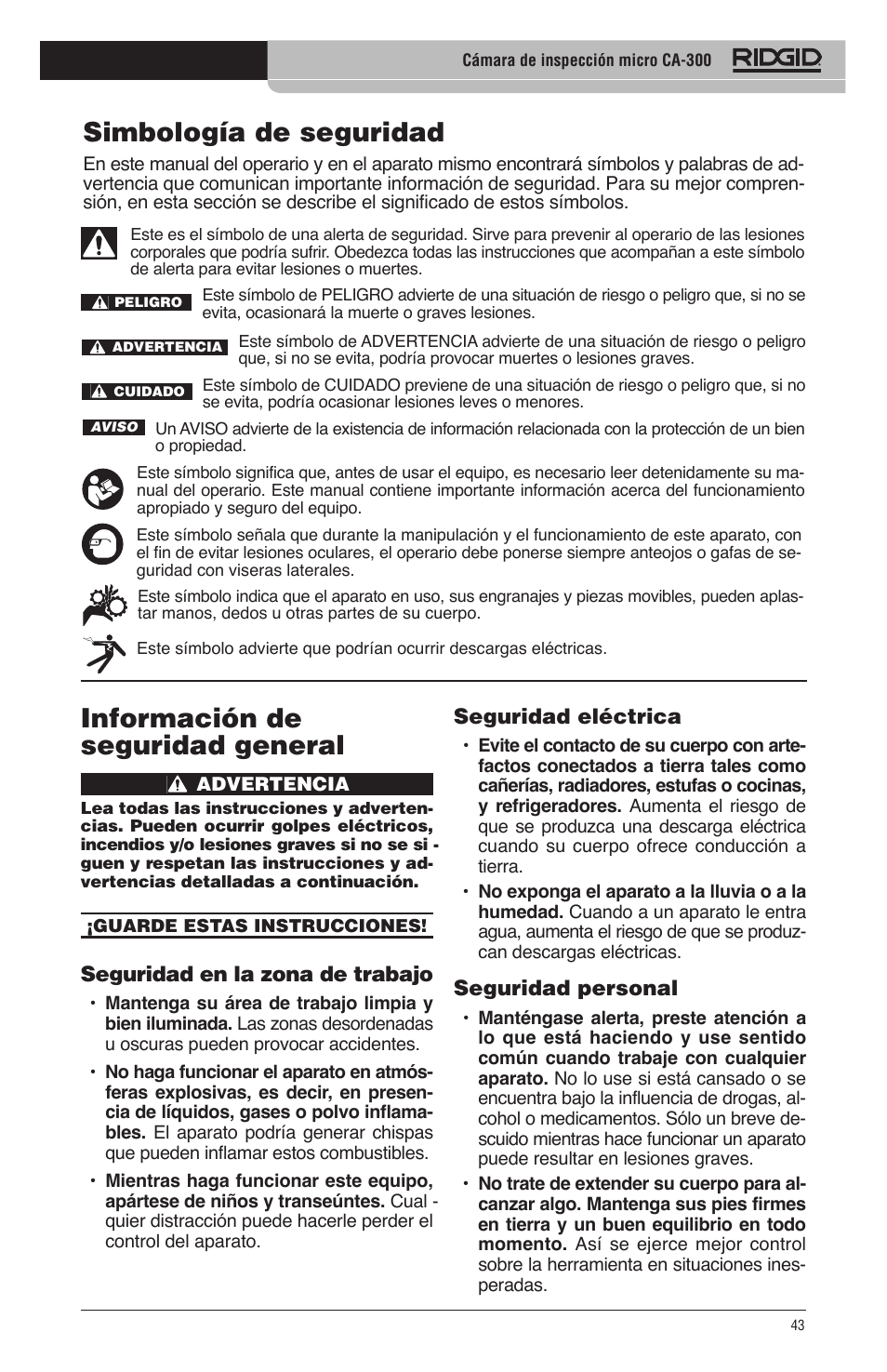 Simbología de seguridad, Información de seguridad general | RIDGID micro CA-300 User Manual | Page 45 / 472