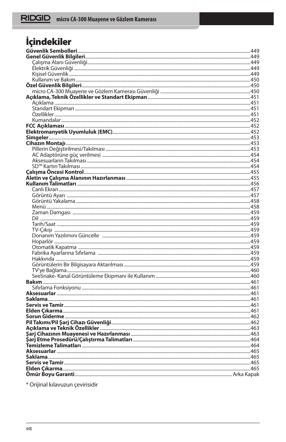 Içindekiler | RIDGID micro CA-300 User Manual | Page 450 / 472