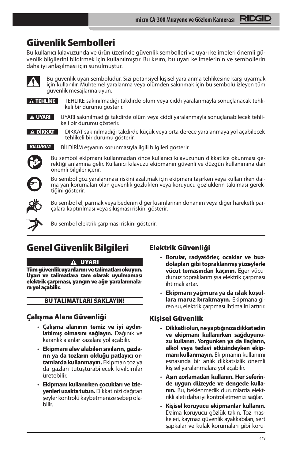 Güvenlik sembolleri, Genel güvenlik bilgileri, Çalışma alanı güvenliği | Elektrik güvenliği, Kişisel güvenlik | RIDGID micro CA-300 User Manual | Page 451 / 472