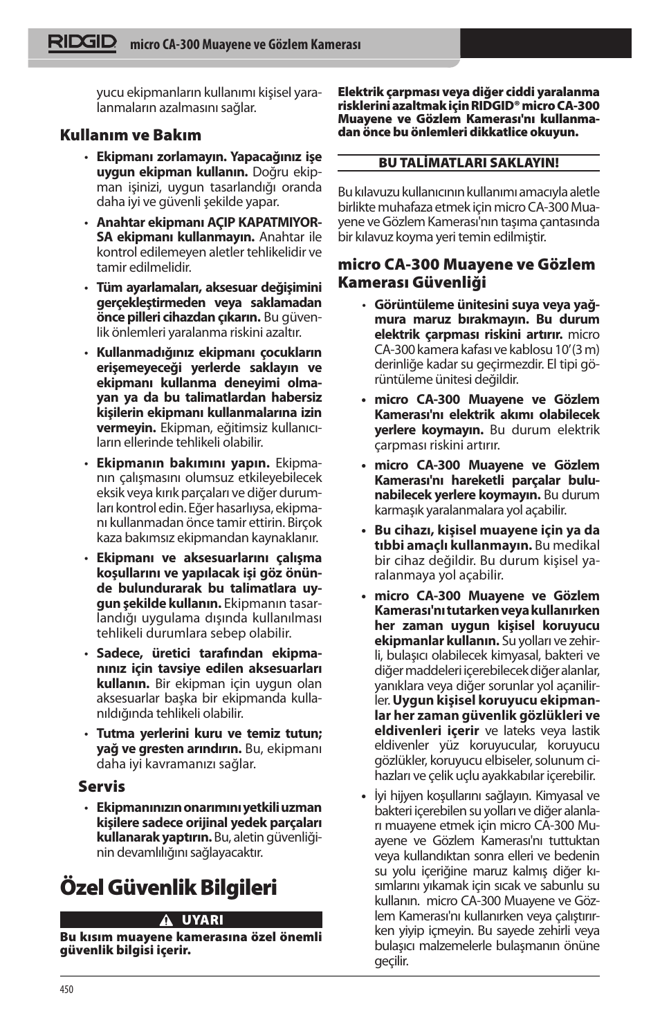 Özel güvenlik bilgileri, Kullanım ve bakım, Servis | Micro ca‑300 muayene ve gözlem kamerası güvenliği | RIDGID micro CA-300 User Manual | Page 452 / 472