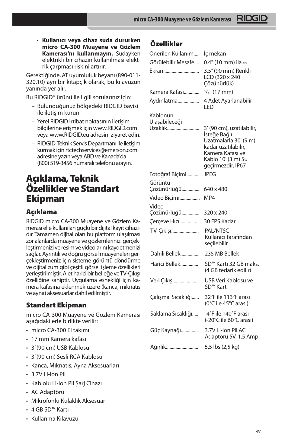 Açıklama, teknik özellikler ve standart ekipman, Açıklama, Standart ekipman | Özellikler | RIDGID micro CA-300 User Manual | Page 453 / 472