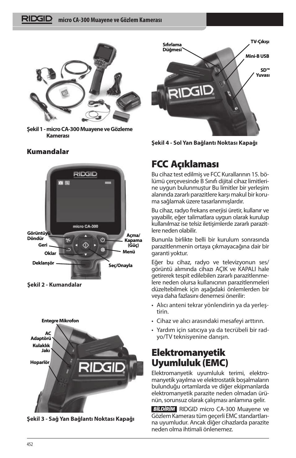 Fcc açıklaması, Elektromanyetik uyumluluk (emc), Kumandalar | RIDGID micro CA-300 User Manual | Page 454 / 472