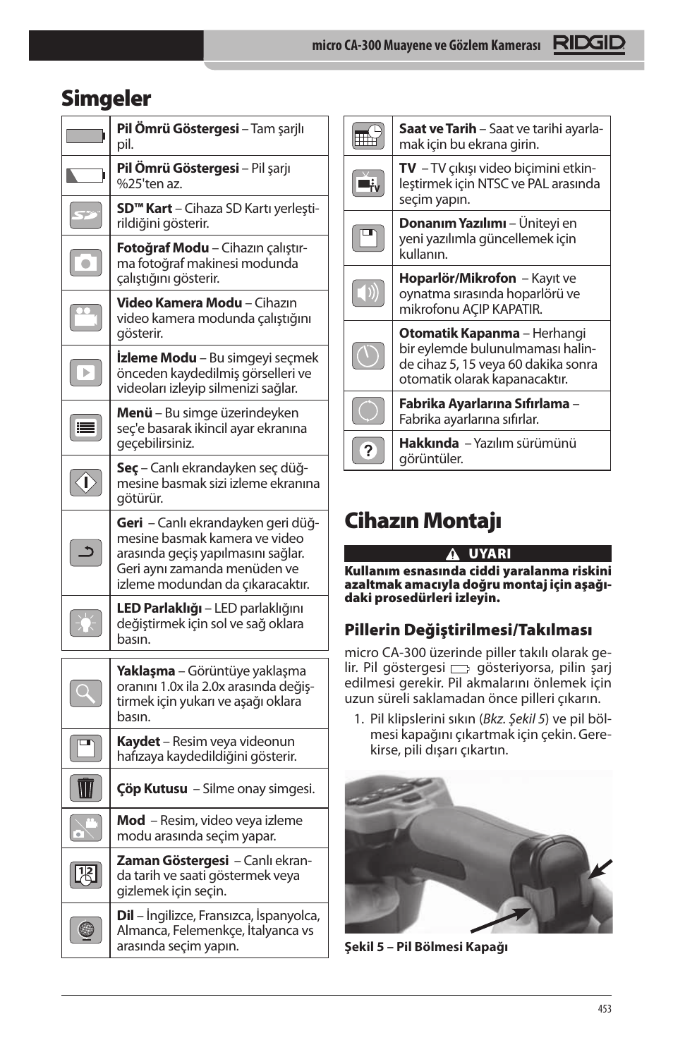 Cihazın montajı, Simgeler, Pillerin değiştirilmesi/takılması | RIDGID micro CA-300 User Manual | Page 455 / 472