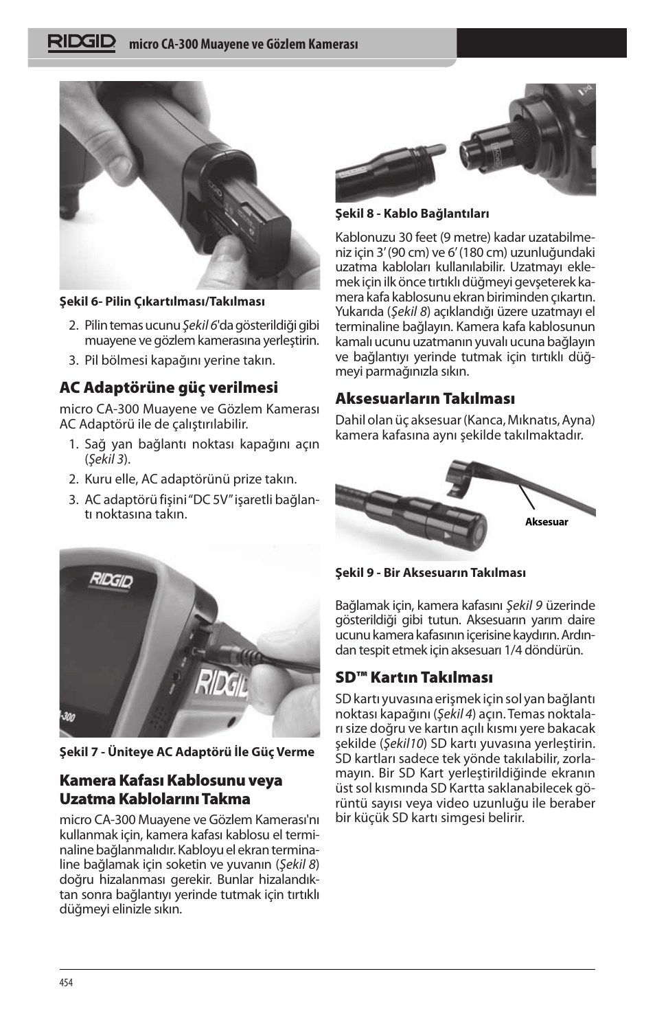 Ac adaptörüne güç verilmesi, Aksesuarların takılması, Sd™ kartın takılması | RIDGID micro CA-300 User Manual | Page 456 / 472