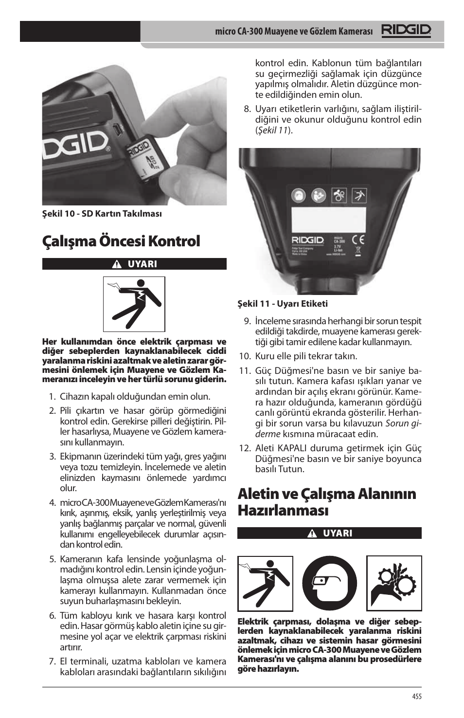 Çalışma öncesi kontrol, Aletin ve çalışma alanının hazırlanması | RIDGID micro CA-300 User Manual | Page 457 / 472