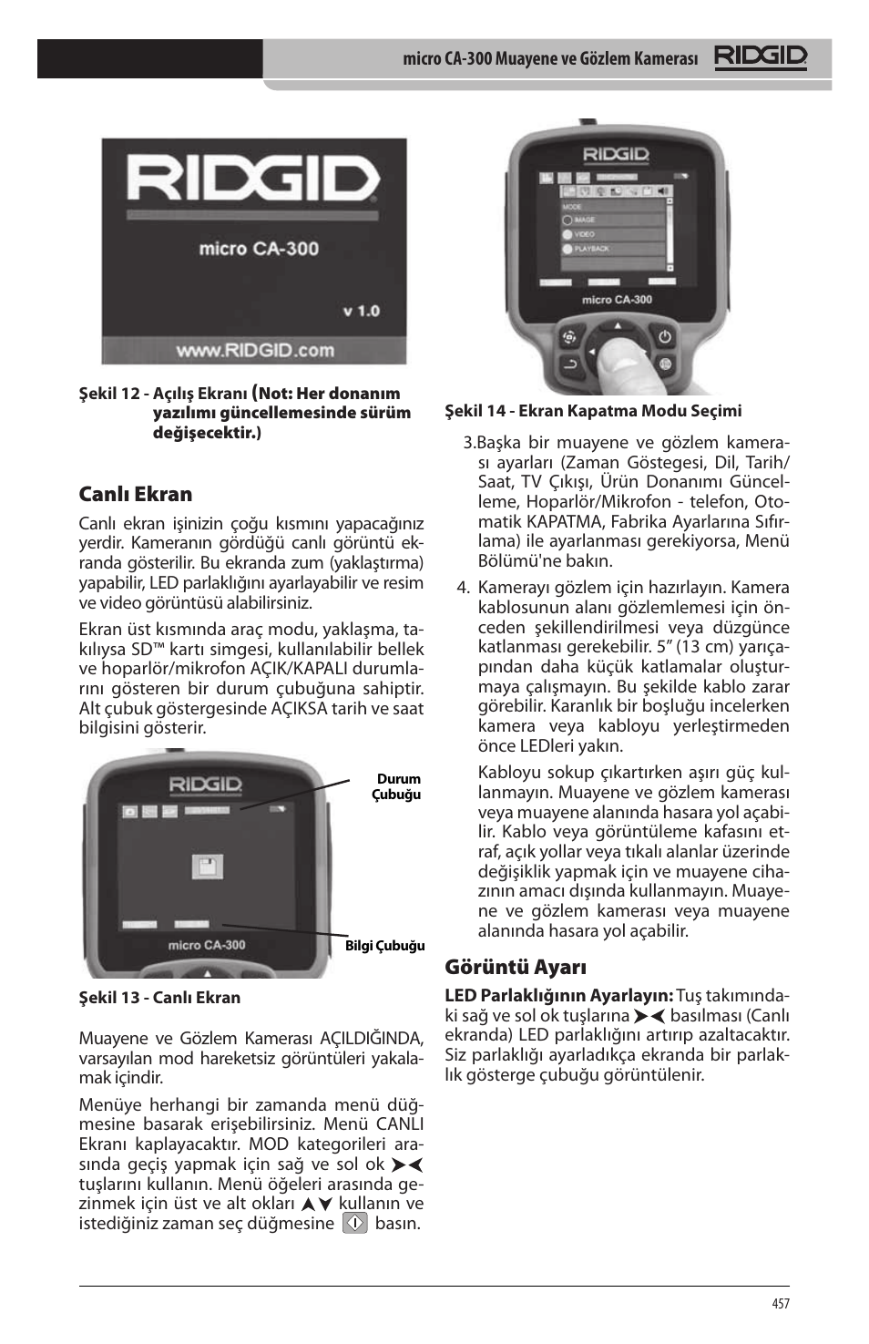 Canlı ekran, Görüntü ayarı | RIDGID micro CA-300 User Manual | Page 459 / 472