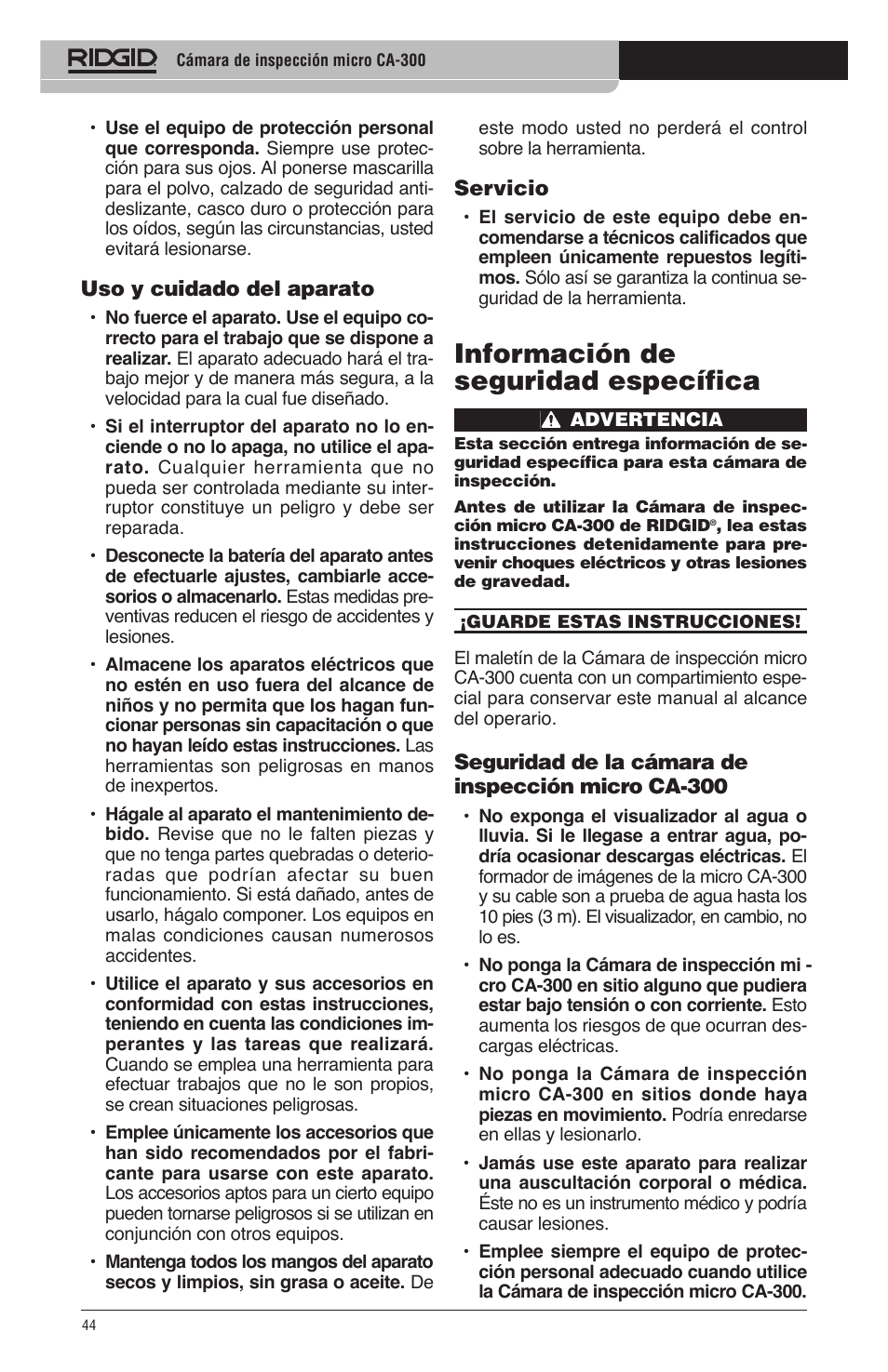 Información de seguridad específica | RIDGID micro CA-300 User Manual | Page 46 / 472