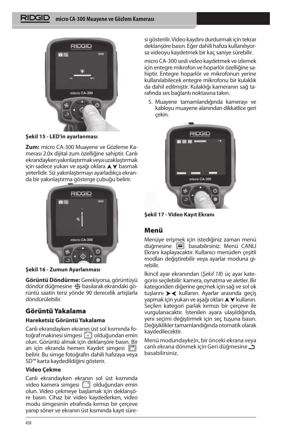 Görüntü yakalama, Menü | RIDGID micro CA-300 User Manual | Page 460 / 472