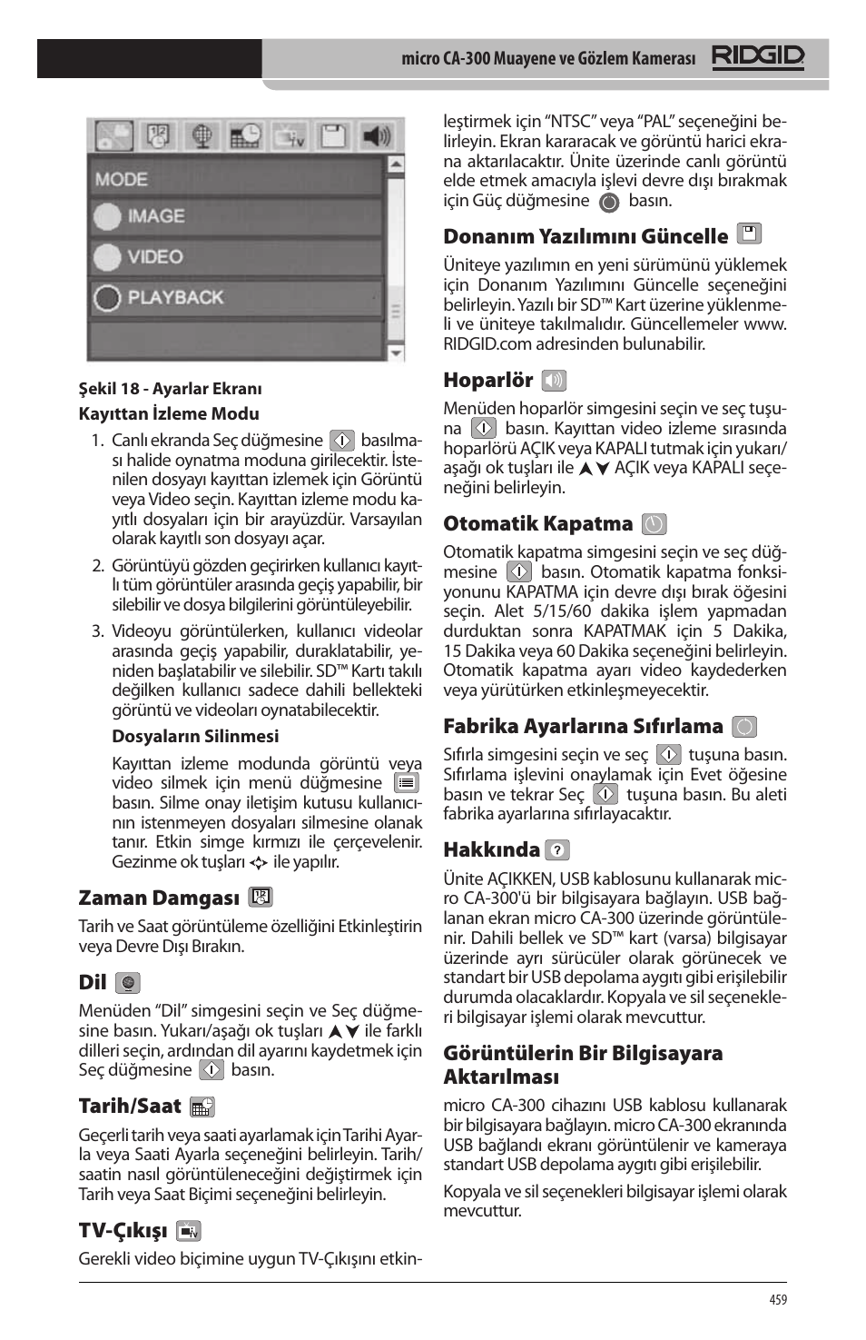 Zaman damgası, Tarih/saat, Tv‑çıkışı | Donanım yazılımını güncelle, Hoparlör, Otomatik kapatma, Fabrika ayarlarına sıfırlama, Hakkında, Görüntülerin bir bilgisayara aktarılması | RIDGID micro CA-300 User Manual | Page 461 / 472