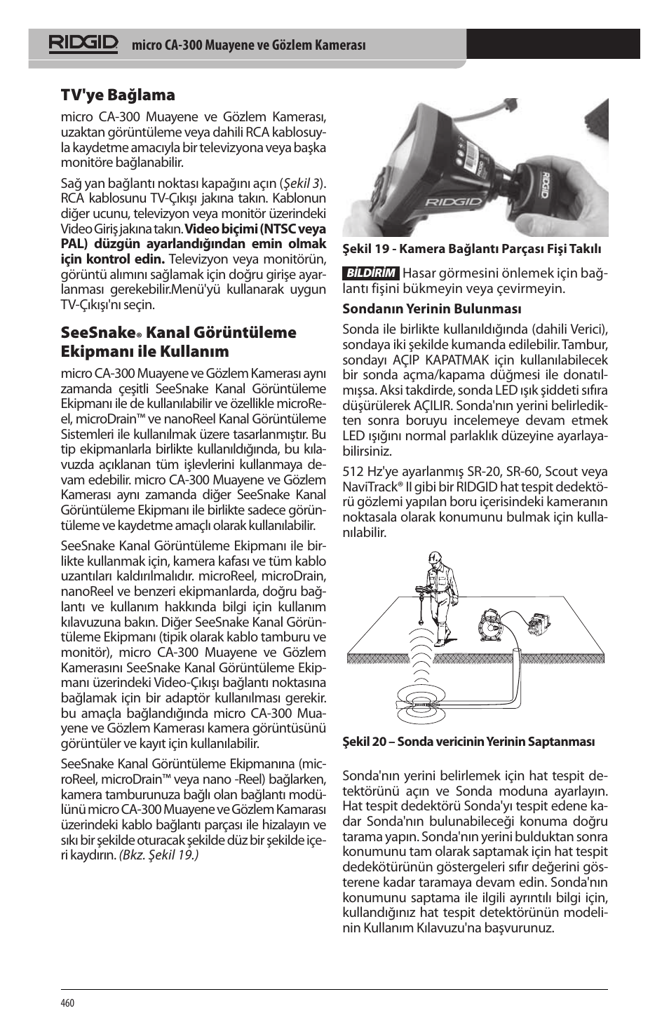 Tv'ye bağlama, Seesnake, Kanal görüntüleme ekipmanı ile kullanım | RIDGID micro CA-300 User Manual | Page 462 / 472