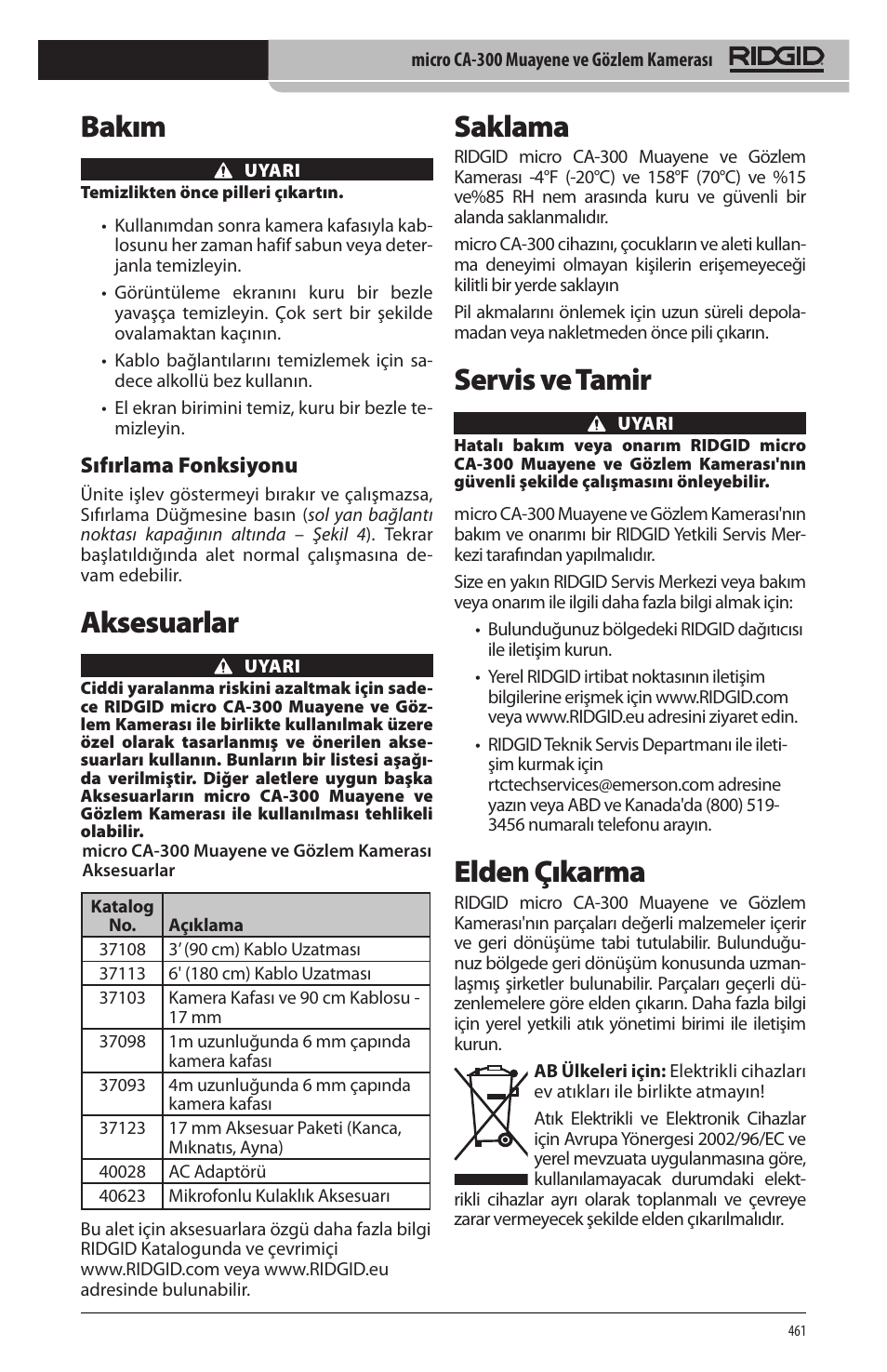 Bakım, Aksesuarlar, Saklama | Servis ve tamir, Elden çıkarma, Sıfırlama fonksiyonu | RIDGID micro CA-300 User Manual | Page 463 / 472