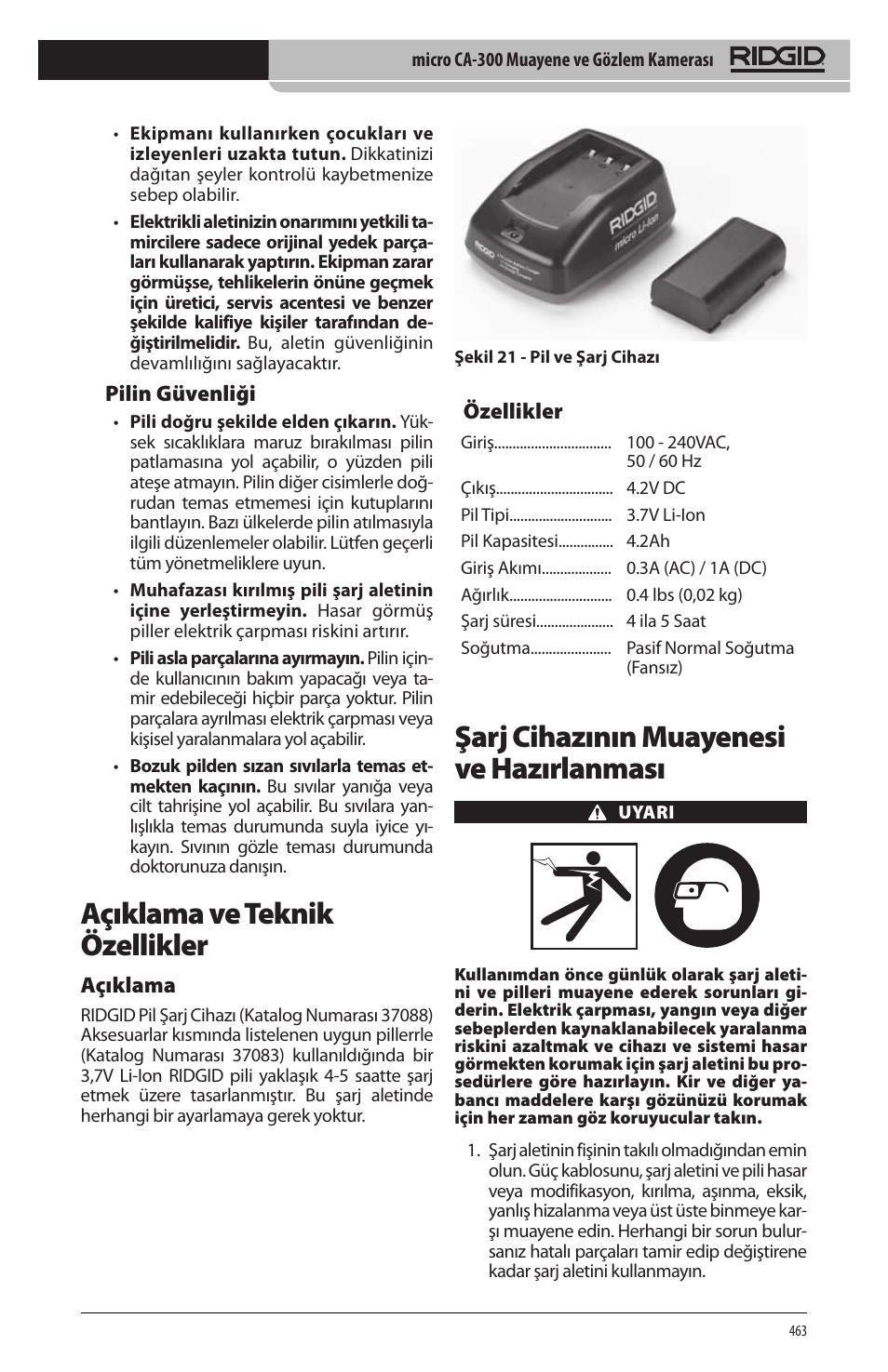 Açıklama ve teknik özellikler, Şarj cihazının muayenesi ve hazırlanması | RIDGID micro CA-300 User Manual | Page 465 / 472