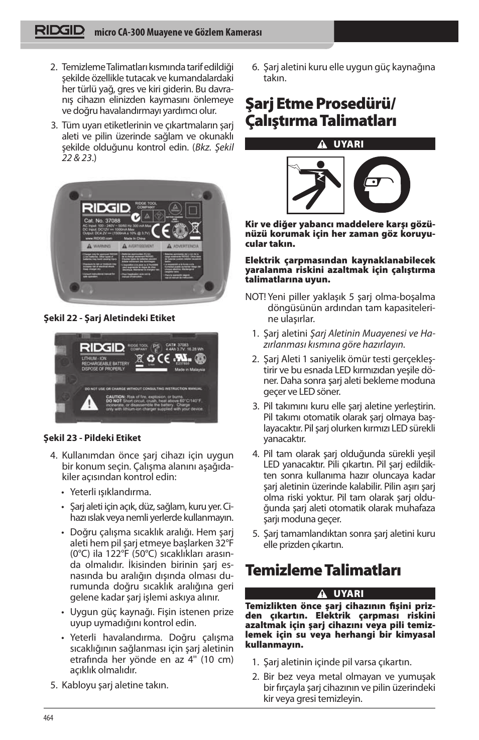 Şarj etme prosedürü/ çalıştırma talimatları, Temizleme talimatları | RIDGID micro CA-300 User Manual | Page 466 / 472