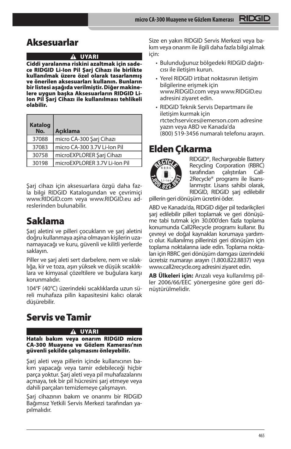 Aksesuarlar, Saklama, Servis ve tamir | Elden çıkarma | RIDGID micro CA-300 User Manual | Page 467 / 472