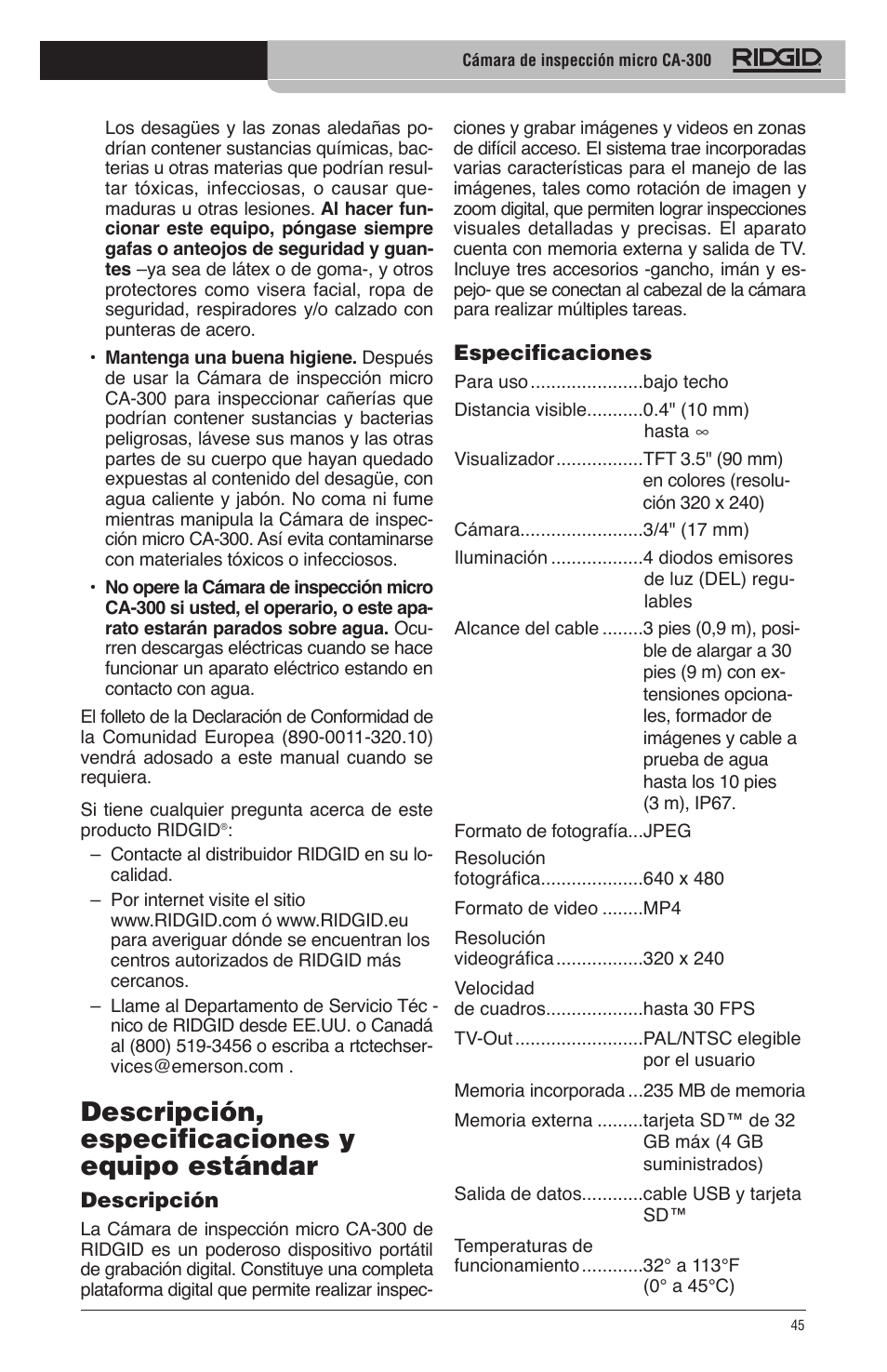 Descripción, especificaciones y equipo estándar | RIDGID micro CA-300 User Manual | Page 47 / 472