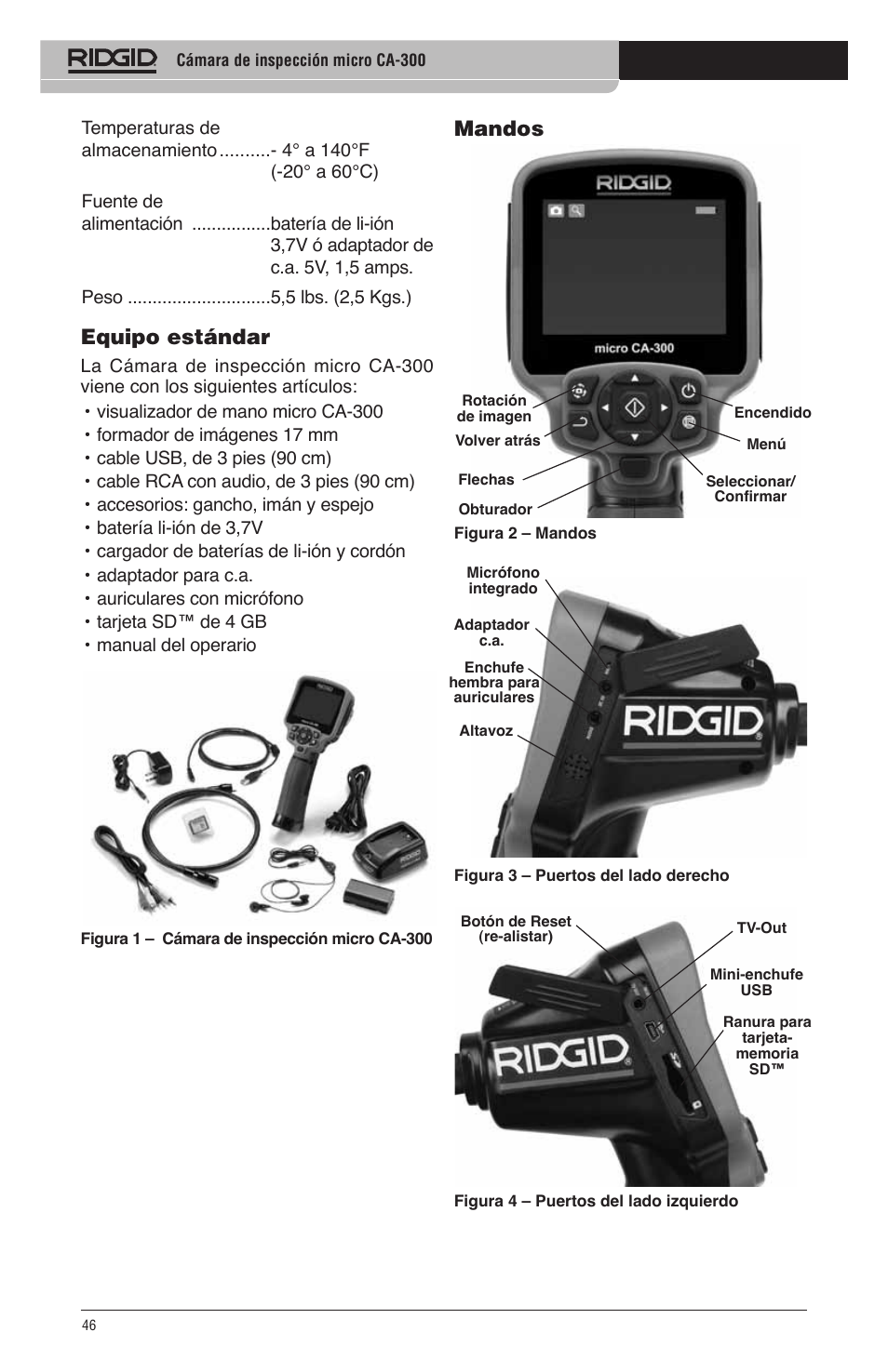 Mandos, Equipo estándar | RIDGID micro CA-300 User Manual | Page 48 / 472