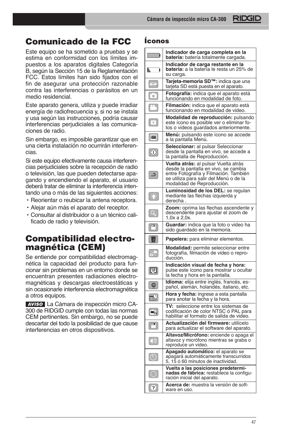 Comunicado de la fcc, Compatibilidad electro- magnética (cem) | RIDGID micro CA-300 User Manual | Page 49 / 472