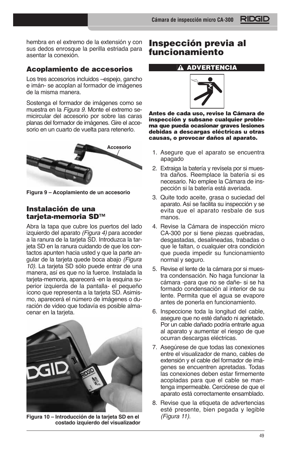 Inspección previa al funcionamiento | RIDGID micro CA-300 User Manual | Page 51 / 472