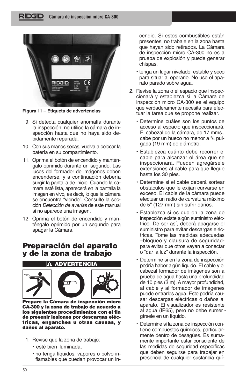 Preparación del aparato y de la zona de trabajo | RIDGID micro CA-300 User Manual | Page 52 / 472