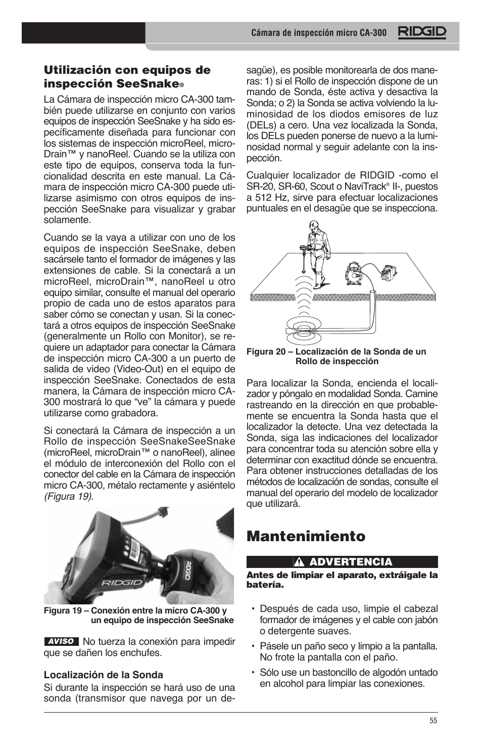 Mantenimiento, Utilización con equipos de inspección seesnake | RIDGID micro CA-300 User Manual | Page 57 / 472