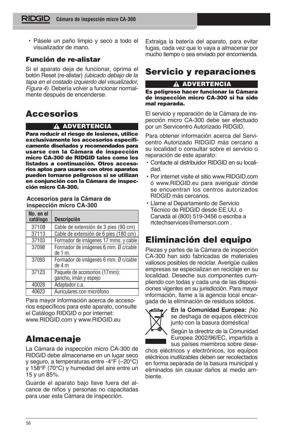 Accesorios, Almacenaje, Servicio y reparaciones | Eliminación del equipo | RIDGID micro CA-300 User Manual | Page 58 / 472